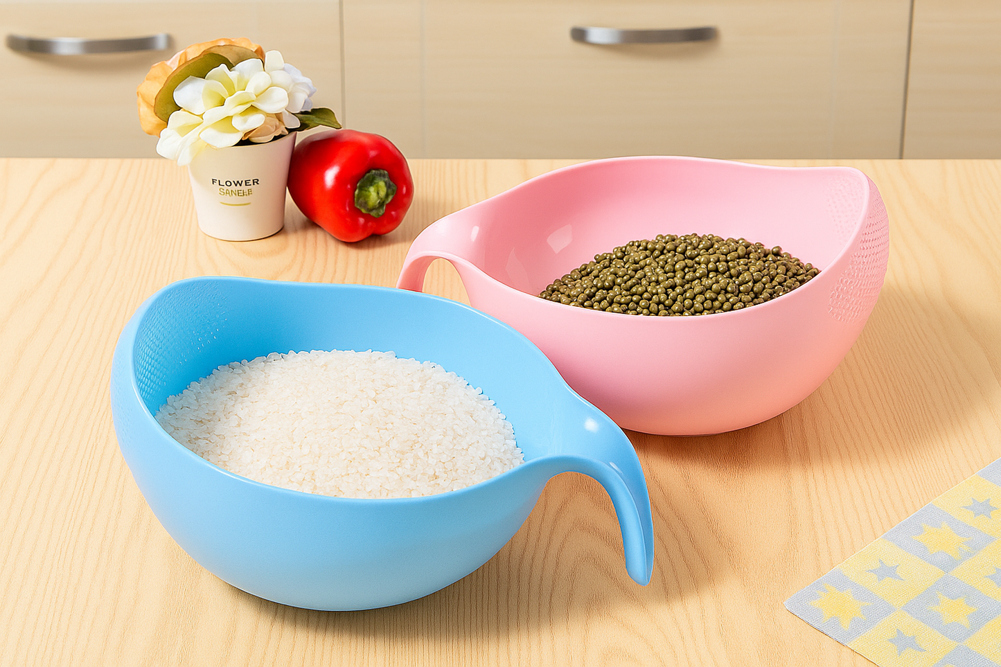 Rice Fruits Vegetable Noodles Pasta Washing Bowl and Strainer for Storing and Straining (Pink, Green, Blue Colour)