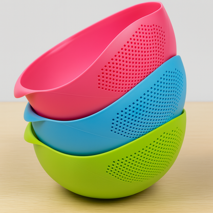 Rice Fruits Vegetable Noodles Pasta Washing Bowl and Strainer for Storing and Straining (Pink, Green, Blue Colour)
