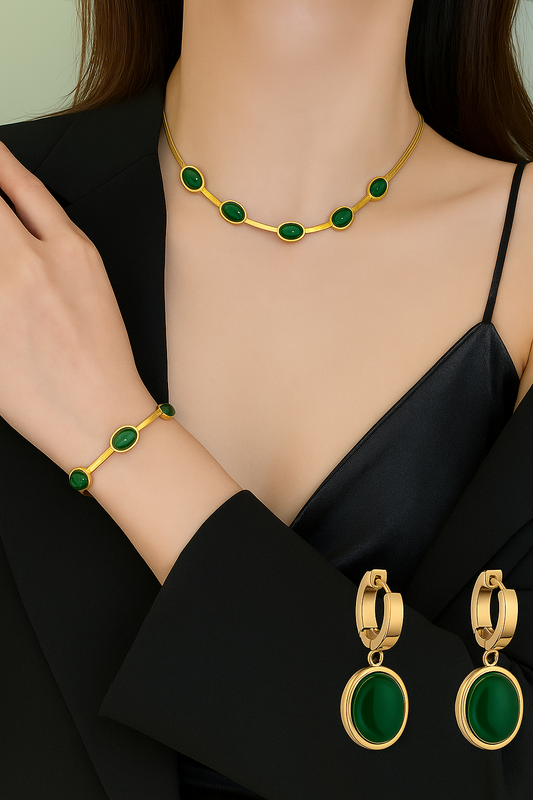 Oval Green Crystal Pendant Necklace Set With Bracelet