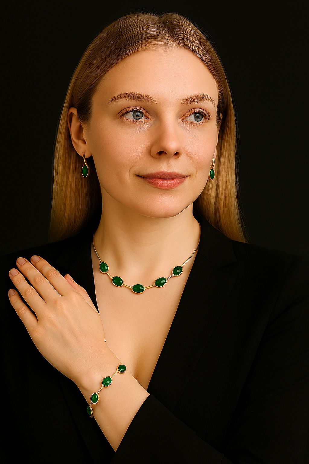 Oval Green Crystal Pendant Necklace Set With Bracelet